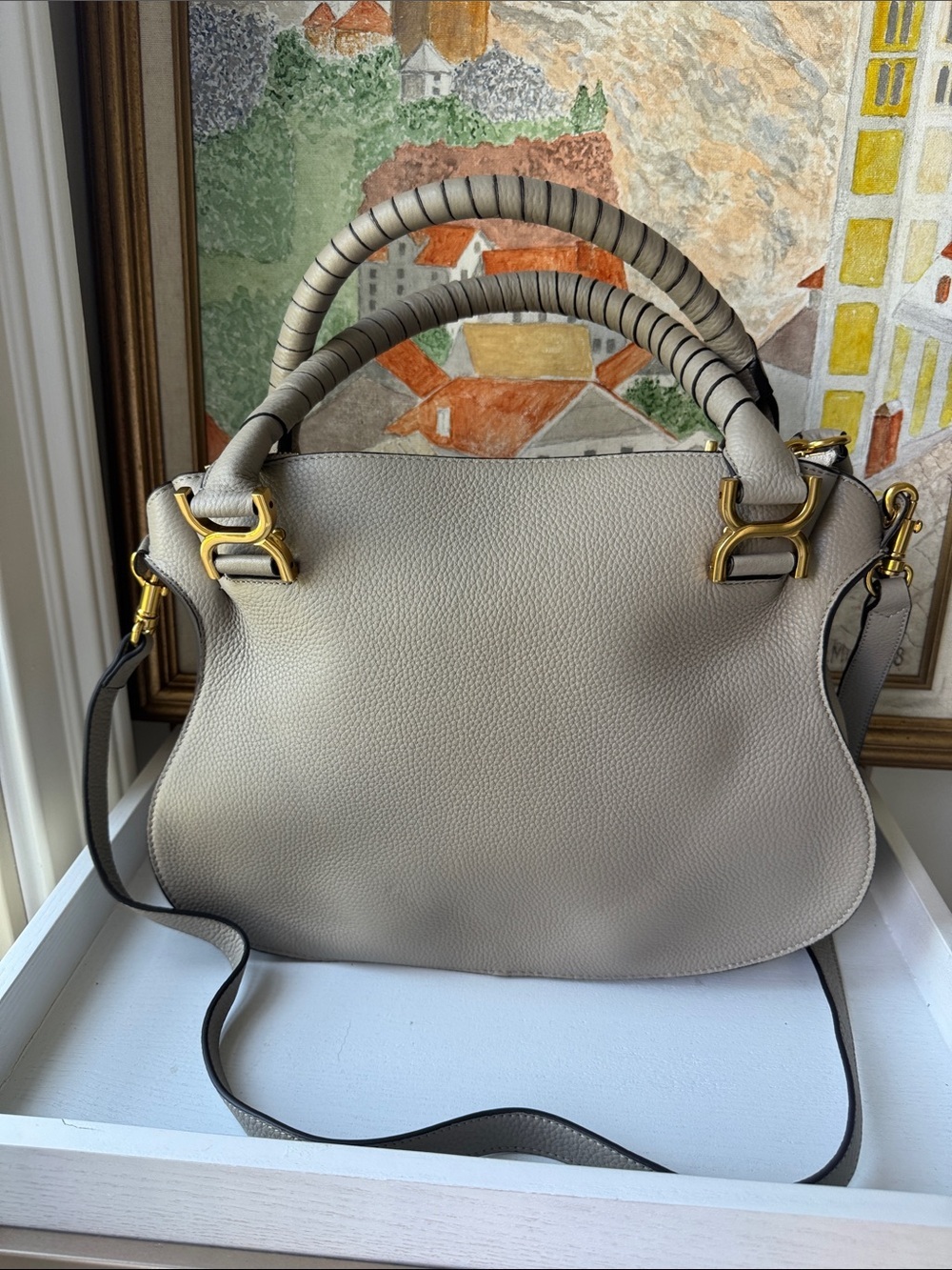 Neutral Taupe Gray Shoulder Bag with Gold Hardware - Picture 2 of 12